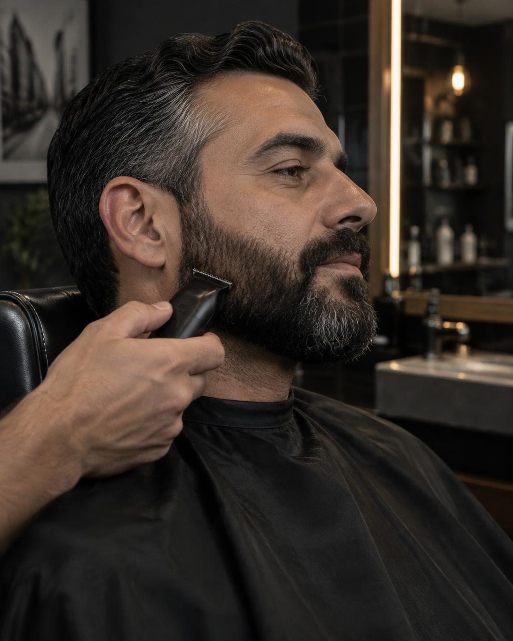 Close-up of a salt-and-pepper beard being carefully lined with a detail trimmer