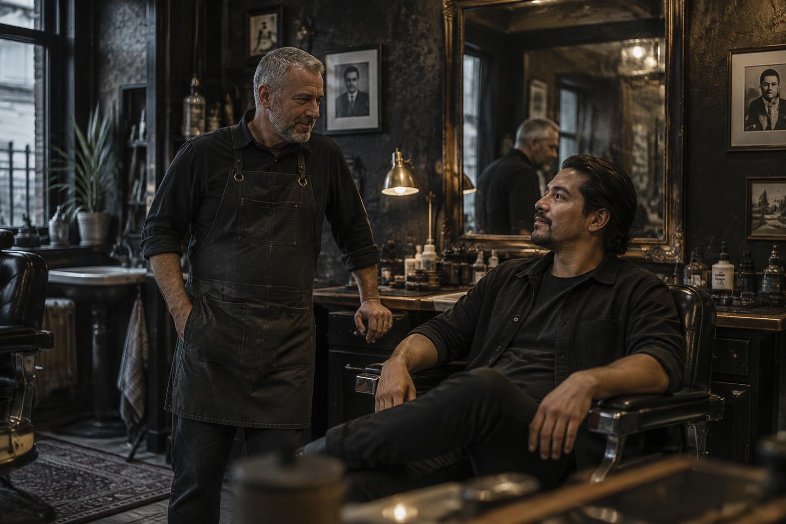 Gray-haired barber and a swept-back-haired client sharing a quiet conversation
