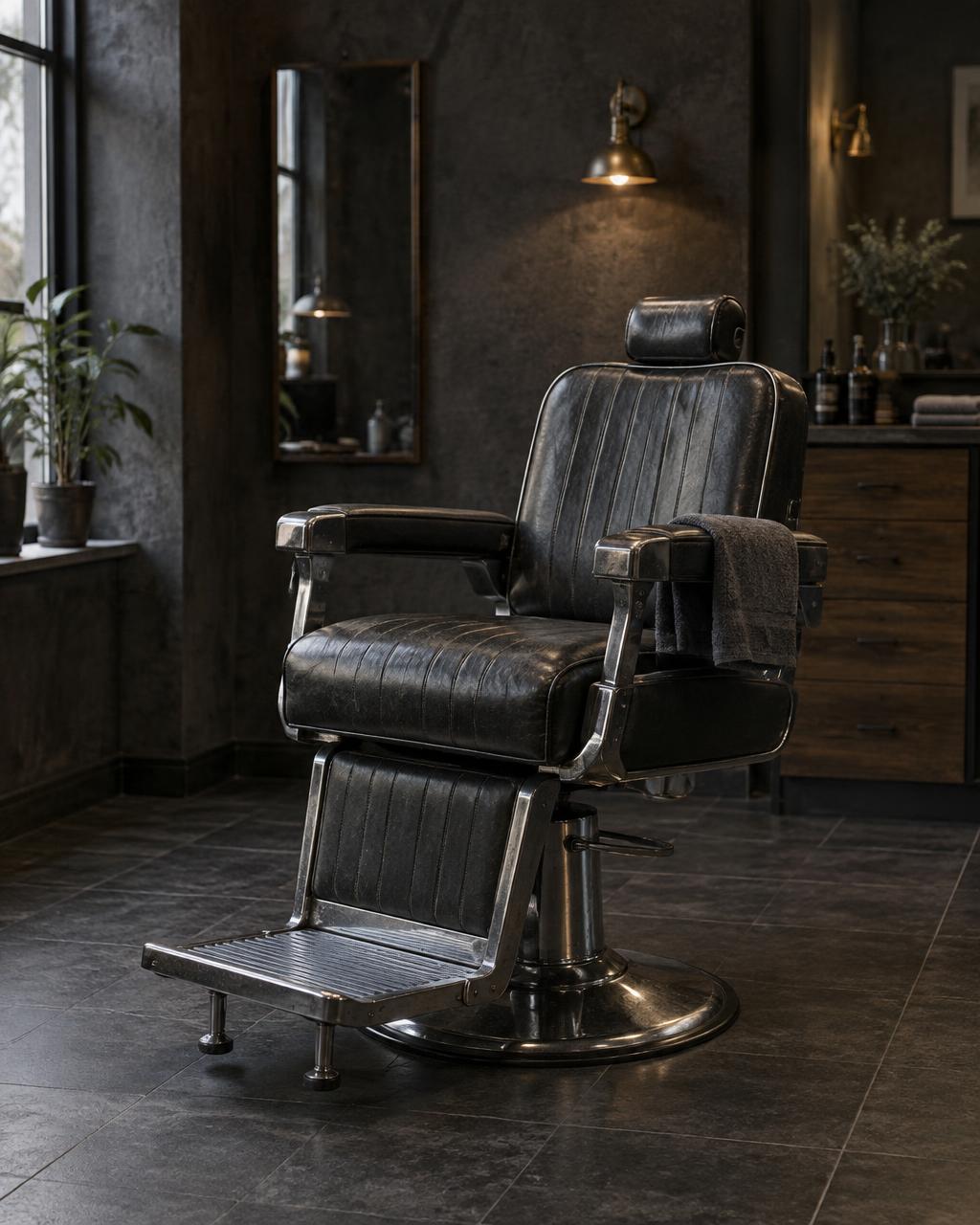 Worn black leather barber chair with chrome details under a brass wall lamp