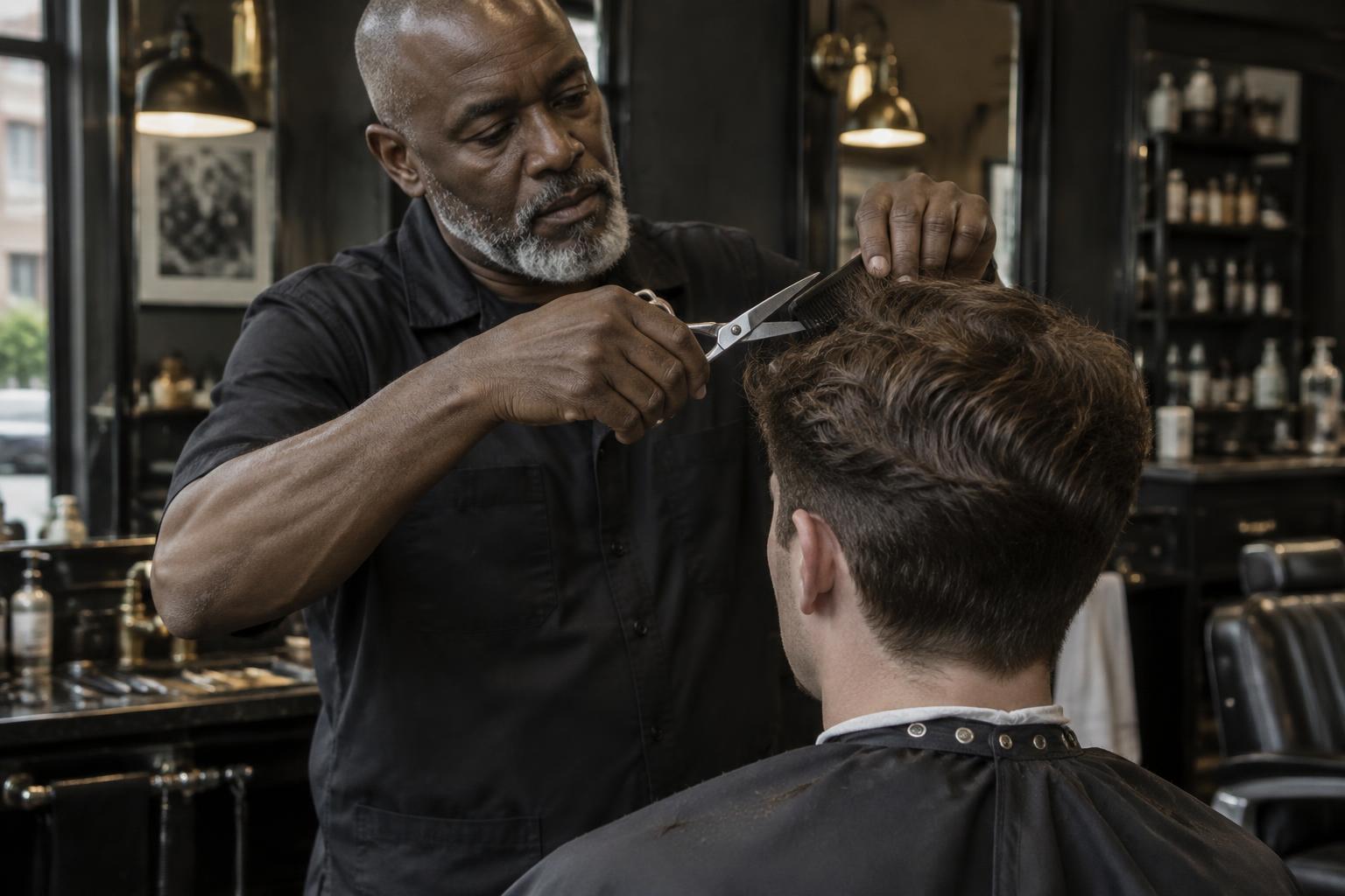 Gray-bearded barber cutting a client's wavy hair with scissors and a comb
