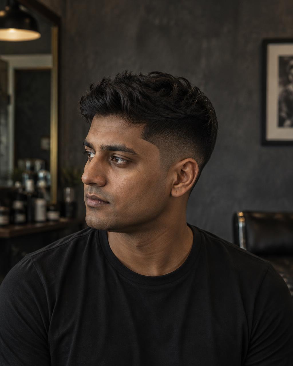 Three-quarter portrait showing a finished textured haircut and clean low taper