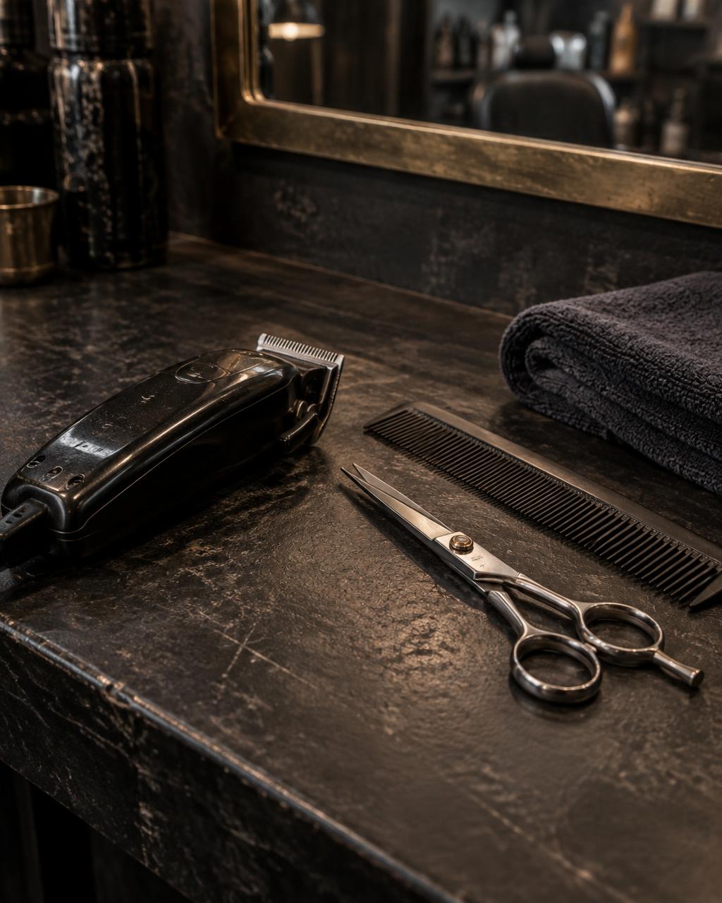 Steel scissors, clippers and a comb on a worn dark barber worktop